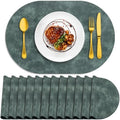 ADRIMER Oval Placemats Set of 12, Wipeable Faux Leather, Blue & Green