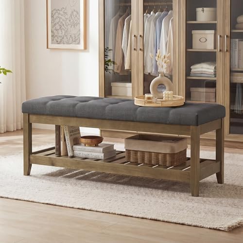 SONGMICS Storage Ottoman with Solid Wood Frame, 42.9 x 15.7 x 17.7 Inches