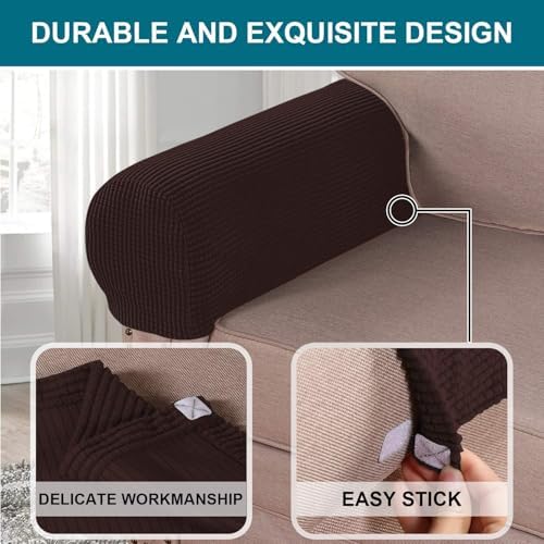 Turquoize Stretch Armrest Covers for Chairs and Sofas Couch Arm Covers for Sofa Spandex Jacquard Armrest Cover Anti-Slip Furniture Protector Washable Armchair Slipcovers for Recliner Set of 2, Brown