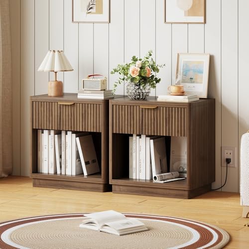 Fluted Nightstand Set of 2 with Charging Station,Drawer & Open Shelf,Walnut