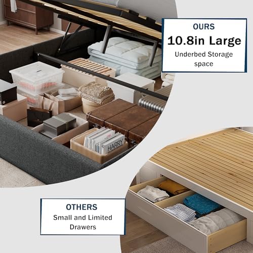 GalnFu Queen Size Bed Frame with Storage, Upholstered Queen Lift up Storage Bed Frame with Charging Station, Button Tufted Headboard, No Box Spring Needed, Easy Assembly, Noise Free, Dark Gray