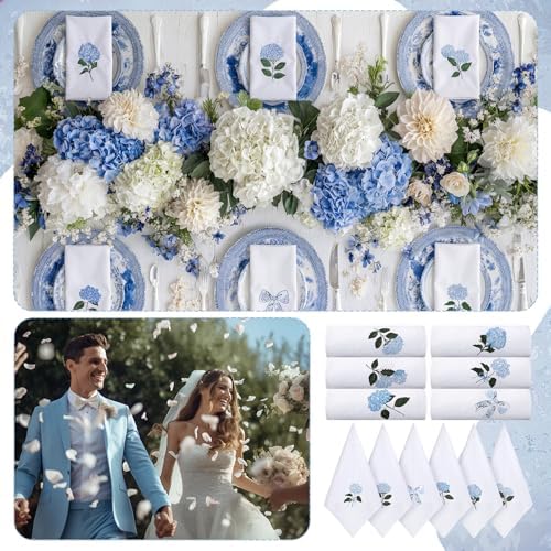 HunnmingRe 12 Pcs Blue Hydrangea Cloth Napkins Bulk 100% Cotton, 17x17inch