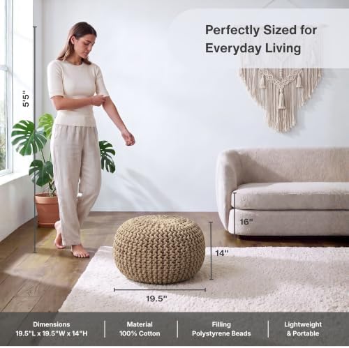 · REDEARTH · Round Pouf Ottoman - Hand Knitted Boho Poof Footrest - Beige