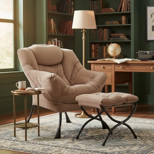 Welnow Lazy Chair with Ottoman, Reading Chair with Footrest, Light Brown