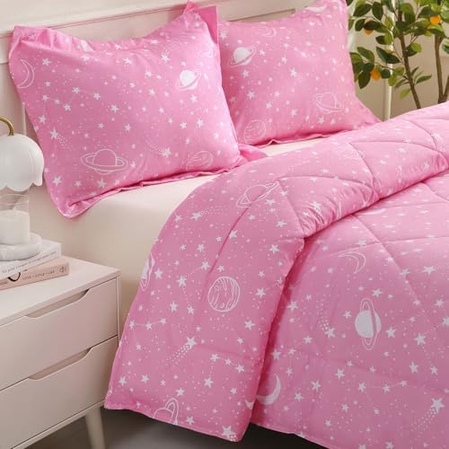JSD Pink Stars Space Theme Kids Comforter Set Twin Size
