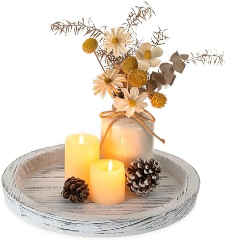 Hanobe Decorative Round Candle Holder Plate, Wood Coffee Table Tray, White