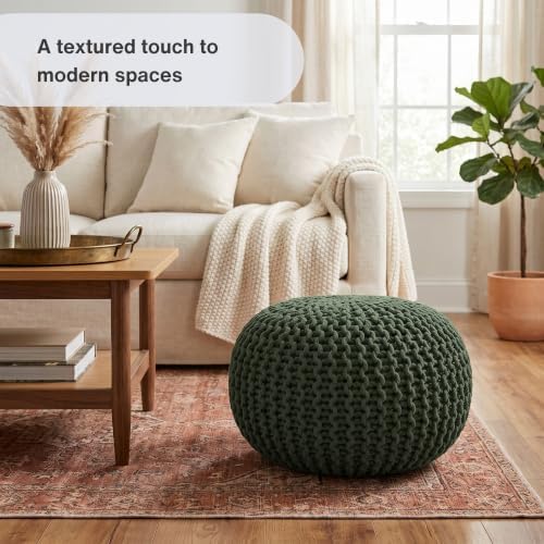 · REDEARTH · Round Pouf Ottoman - Hand Knitted Boho Poof Footrest - Olive