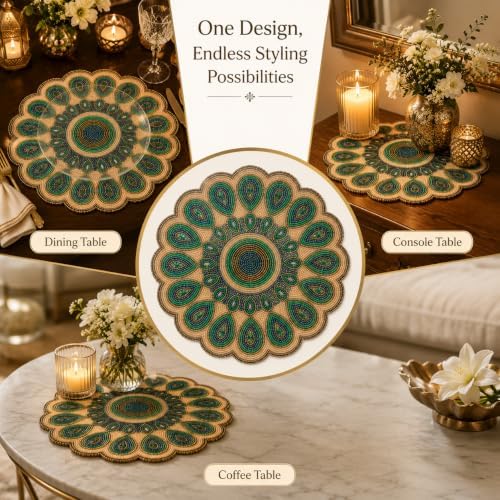ALPHA Living HOME 13 Inch Round Beaded Placemat, Green Gold Table Decor Mat