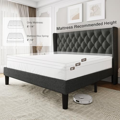 Einhomn King Size Platform Bed Frame with Upholstered Wingback Headboard, 12" Under Bed Space, Wooden & Metal Slats Support, No Box Spring Needed, Black