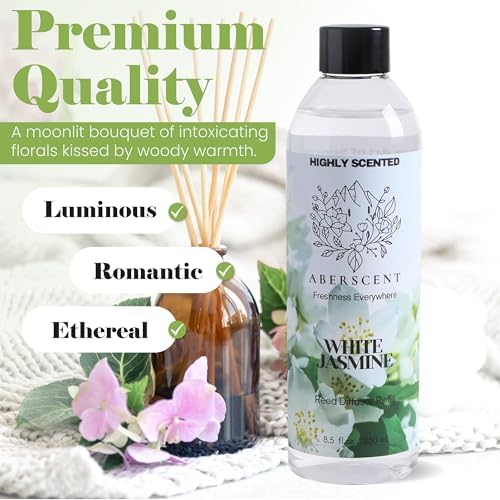 White Jasmine Aberscent Premium Reed Diffuser Oil Refill (8.5 Fl Oz/250ml) – Long-Lasting Fragrance Oil for Home, Office & Spa – Relaxing Scent, Luxury Hotel-Style Aroma