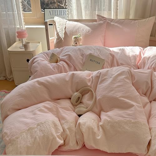 LifeTB Pink Gingham Comforter Set Queen 3 Pieces Princess Lace Bedding Set Vintage Plaid Checkered Comforter with 2 Lace Pillowcases Soft Breathable Pink Grid Comforter Set for Girls Teens Women
