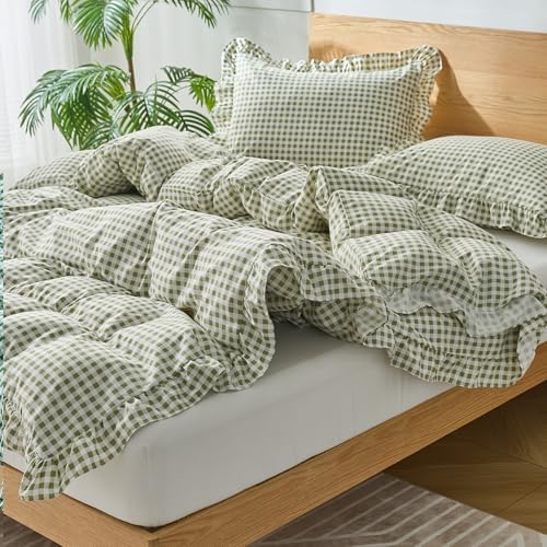 Gingham Duvet Cover King Size, 3 Pieces Soft Breathable Microfiber Plaid Duvet Cover with Zipper Closure & 2 Pillow Shams, Ruffle Farmhouse Vintage Decor, Sage Green