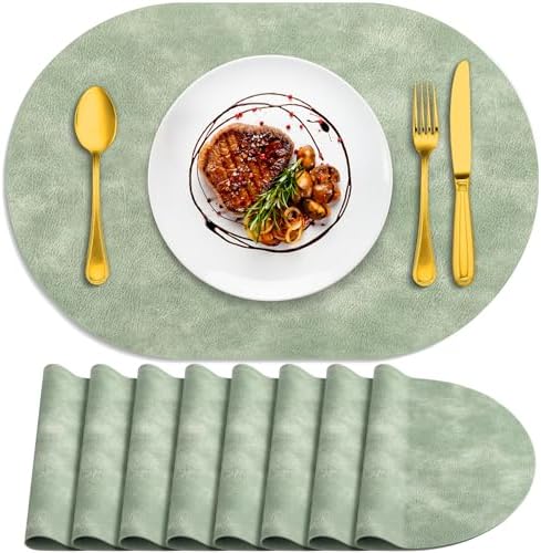 ADRIMER Oval Placemats Set of 8, Wipeable Faux Leather, Green