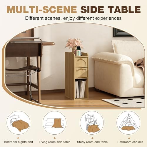 7.87" Narrow Nightstand Set of 2, Fluted Slim Bedside Table with 2 Drawers, Mid Century Modern Small End Table with Gold Metal Handles, for Bedroom, Living Room & Small Spaces - Natural
