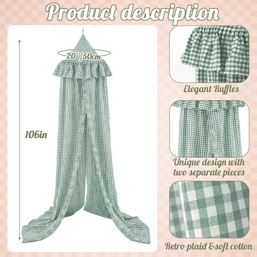 SmoothNovelty Gingham Plaid Bed Canopy, Green White, Round