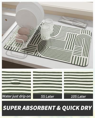 AMOAMI Coffee Mat Hide Stain Rubber Backed Absorbent Dish Drying Mat for Kitchen Counter - Fits Under Coffee Maker or Machine - Green Line 17x31.5