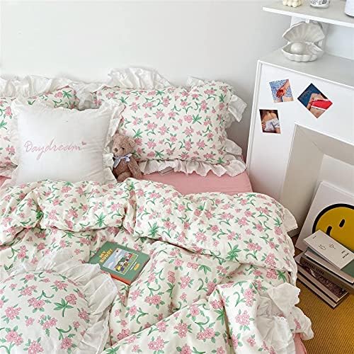 Pink Flower Duvet Cover Set,100% Cotton,Queen(90"x90"),White Ruffled