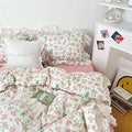 Pink Flower Duvet Cover Set,100% Cotton,Queen(90"x90"),White Ruffled