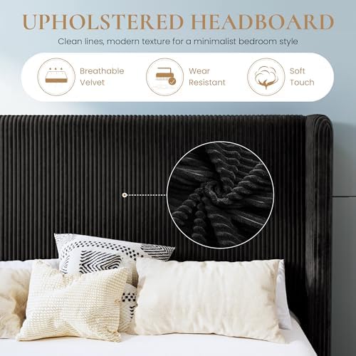 SHA CERLIN King Corduroy Platform Bed with Tufted Wingback Headboard, Black