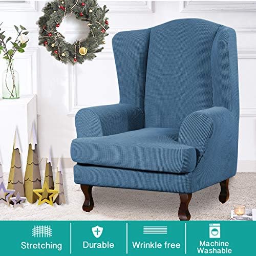 Turquoize Wingback Chair Covers 2 Piece Wing Chair Slipcover Stretch Slipcovers for Wingback Chairs Wing Chair Cover Spandex Jacquard Fabric with Elastic Bottom Non-Slip Furniture Cover, Dusty Blue