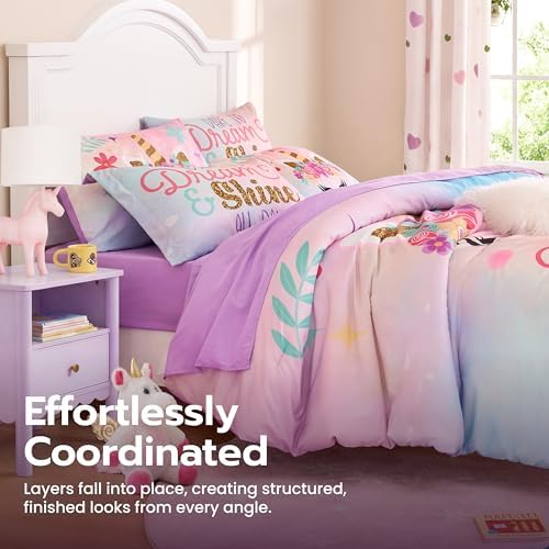Joiedomi Kids Comforter Set Bedding Set for Boys Girls Super Soft Microfiber Bed in a Bag with Comforter Sheets Pillowcase Sham, Pink Purple Unicorn, Full