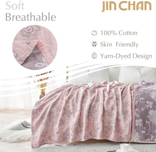 jinchan 100% Cotton Muslin Blanket Queen Boho Bed Blanket 80x90 Pink Multi