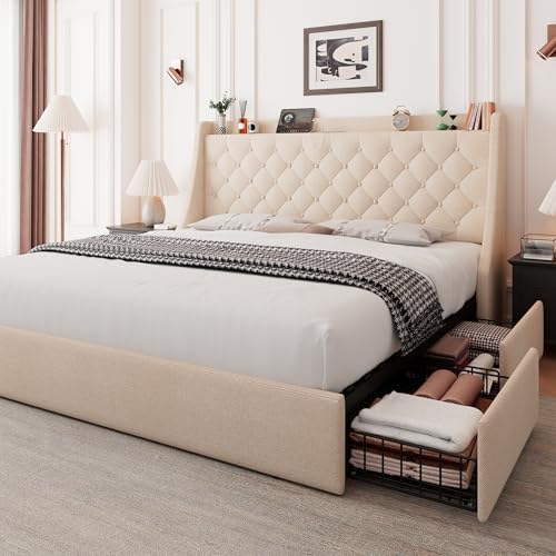 Feonase Upholstered Full Size Bed Frame with 4 Storage Drawers, Charging Station and Tufted Wingback Storage Headboard, No Box Spring Needed, Easy Assembly, Beige