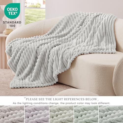EXQ Home Stripe Jacquard Throw Blanket Light Grey for Couch Gentle Soft