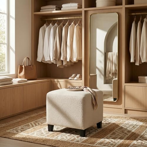 Joveco 16.3" Square Cube Ottoman, Modern Linen Fabric Foot Stool with Solid Wood Legs, Cream White Padded Footrest & Vanity Seat for Living Room, Bedroom, Entryway Shoe Bench