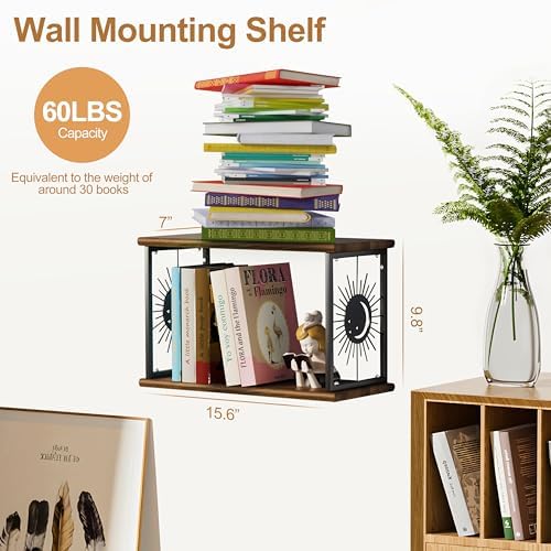 Floating Nightstand Wall Mounted - Natural Solid Wood Night Stand, Bedside Table 2 Tier Shelf, Modern Metal Celestial Side Floating Shelves Decor for Living Room Bedroom