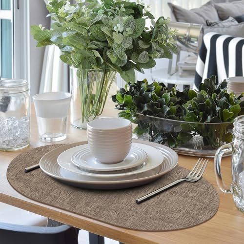 Faux Leather Oval Placemats Set of 6, Dark Brown