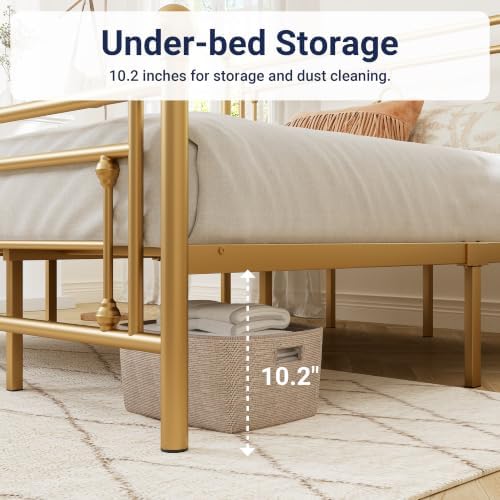 Allewie King Size Metal Platform Bed Frame, Victorian Headboard, Gold