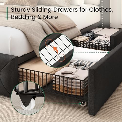 LARMACE King Size Bed Frame with LED Lights and 4 Storage Drawers Linen Upholstered Platform Bed Frame with 47.2" Tall Tufted Headboard Wingback, No Box Spring Needed, Easy to Assemble, Dark Grey