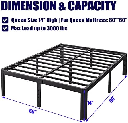 Hunlostten 14in High Queen Bed Frame No Box Spring Needed, Heavy Duty Metal Platform Bed Frame Queen Size with Round Corners, Easy Assembly, Noise Free, Black