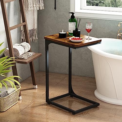 QEEIG C Shaped End Table Side Tables for Couch Set of 2, Brown