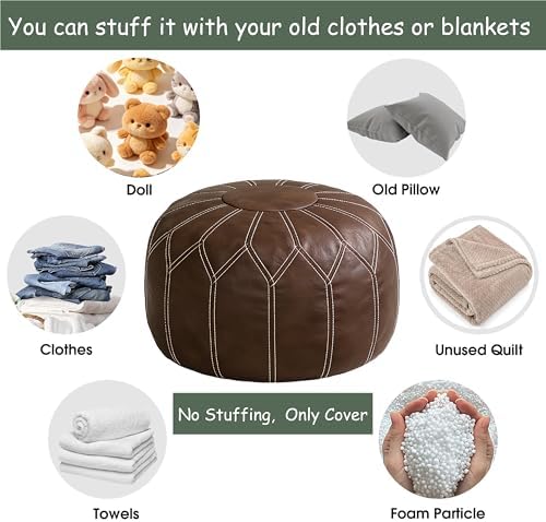 Thgonwid Round Unstuffed Pouf Cover, Faux Leather Storage Ottoman, Boho Moroccan Foot Stool, Multi-Purpose Home Decor for Living Room, Bedroom and Balcony, Deep Coffee, No Filling Included