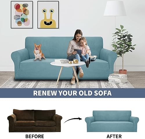 JIVINER High Stretch Couch Covers for 3 Cushion Couch 1-Piece Jacquard Elastic Sofa Slipcovers Anti Slip Sofa Cover with Elastic Bottom Furniture Protector for Kids Pets (Sofa, Blue Light)