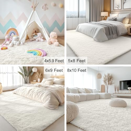 OLANLY 6x6 Area Rugs for Living Room Bedroom, Machine Washable Soft Fluffy Shaggy Bedside Rug, Indoor Floor Carpet for Kids Girls and Boys, Dorms, Nursery Rooms, Home Decor Aesthetic, Ivory