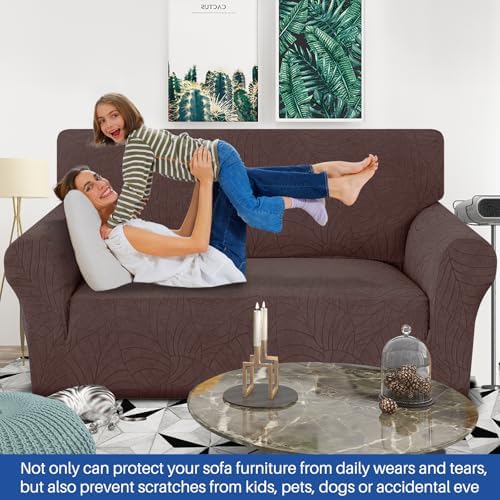 YEMYHOM Couch Cover Latest Jacquard Design High Stretch Sofa Covers for 2 Cushion Couch, Pet Dog Cat Proof Loveseat Slipcover Non Slip Elastic Furniture Protector (Medium, Begonia Leaf Coffee)