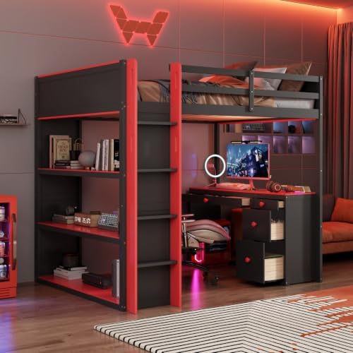 LUMISOL Full Gaming Loft Bed with Desk and Storage Shelves, Solid Wood Loft Bed with Drawers and Computer Desk for Teens, Space Saving High Loft Bed Frame for Kids Bedroom Red