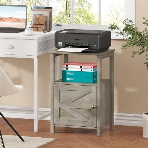 Farmhouse End Table Charging Station Barn Door & Storage Shelf Grey
