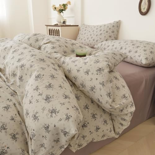 Muslin Cotton Duvet Cover Set King Floral Prints, Off-White