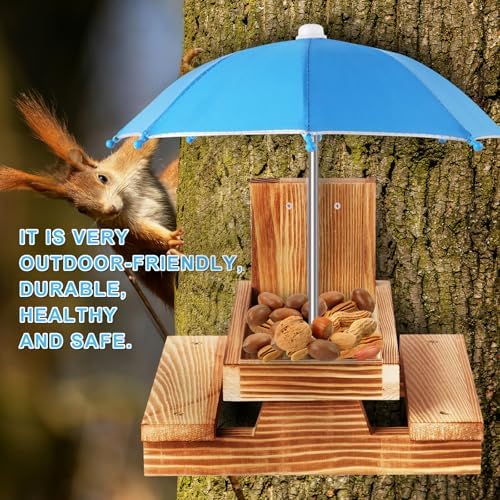 Gnodary Squirrel Feeder with Umbrella, Squirrel Feeders for Outside, Squirrel Picnic Table Feeder - Chipmunk Feeder Hold Corn, Corn Cob, Peanuts Style2 (Light Blue)