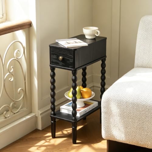 Fultyle Narrow Black Side Table with Drawer, Skinny End Table with Shelf