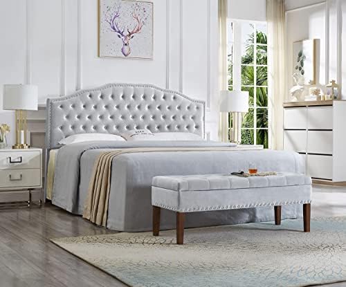 24KF Upholstered Button Tufted King Size Headboard with Nailhead Trim, Soft Velvet Fabric Headboard King/Cal King Size, Gray