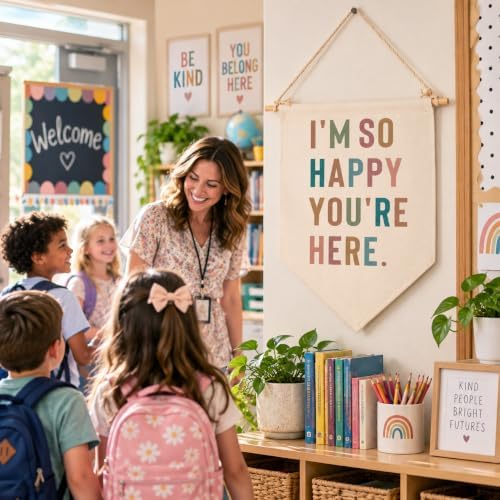 Classroom Wall Banner Decor-Teacher Gift-Welcome Banner-Inspirational Back to School Wall Flag-I'm So Happy You're Here-Positive Teacher Office Quote-Hanging Canvas Pennant Sign for Classroom Office