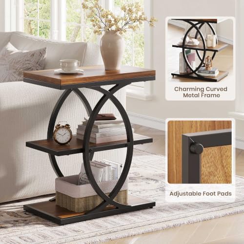 Vabches Narrow Side Table with Storage Shelf,3-Tier End Table with Artistic Curved Metal Frame,Industrial Bedside Tables for Small Space,Living Room,Bedroom,Home Decor,Walnut