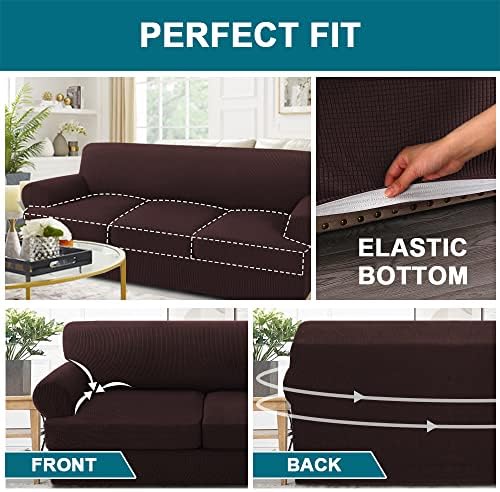 Turquoize 4 Piece T Cushion Sofa Slipcovers Stretch Couch Cover Furniture Covers with 3 Individual T Cushion Covers, Machine Washable (3 Cushion Sofa, Brown)