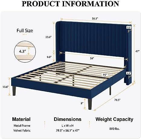 SHA CERLIN Full Size Velvet Bed Frame, Tufted Wingback Headboard, Blue