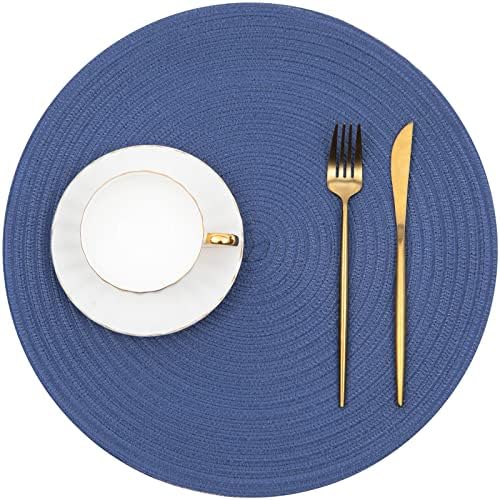 SHACOS Round Placemats Set of 6 Washable 15 inch Round Table Mats Cotton Polyester Woven Braided Place Mats for Dining Table (Sail Blue, 6)